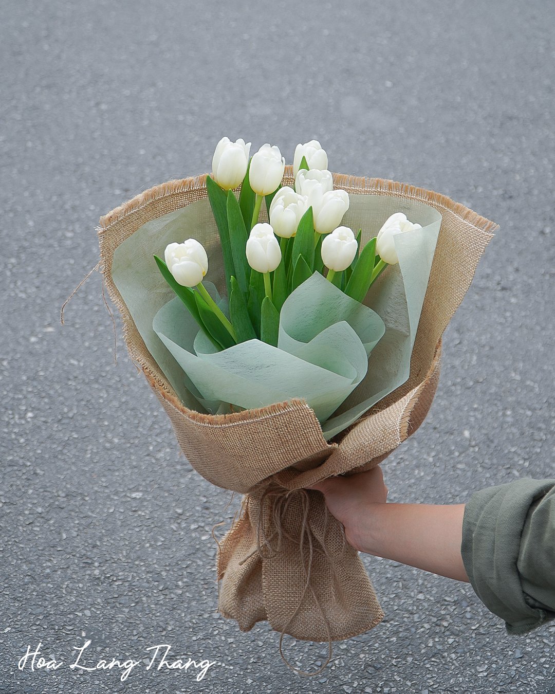 Bó hoa tulip trắng xinh xắn, cắm tự nhiên trong giấy gói trang nhã