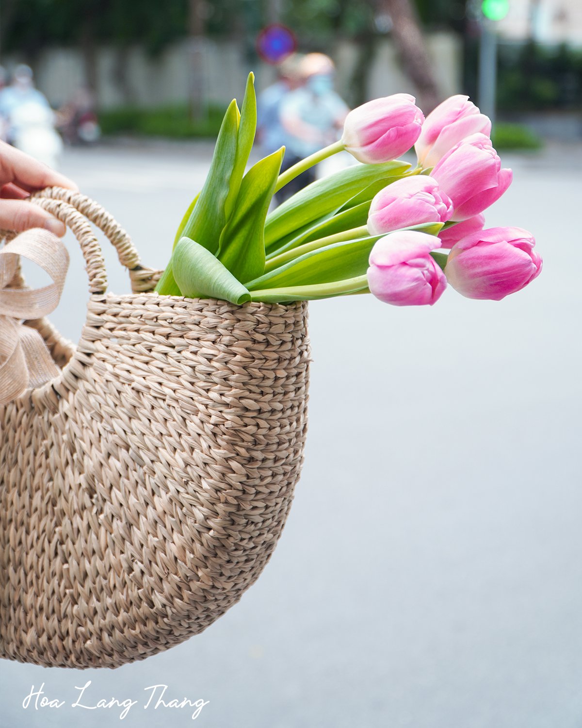 Giỏ xách chứa những bông tulip hồng tươi đẹp, kiểu cắm nghệ thuật