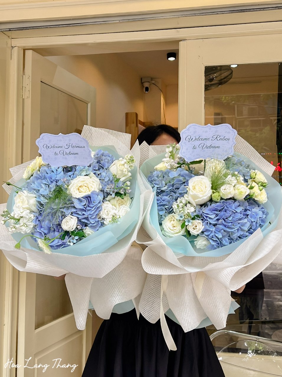 Hai bó hoa chào mừng về Việt Nam, gồm hoa hồng và hoa cẩm tú cầu