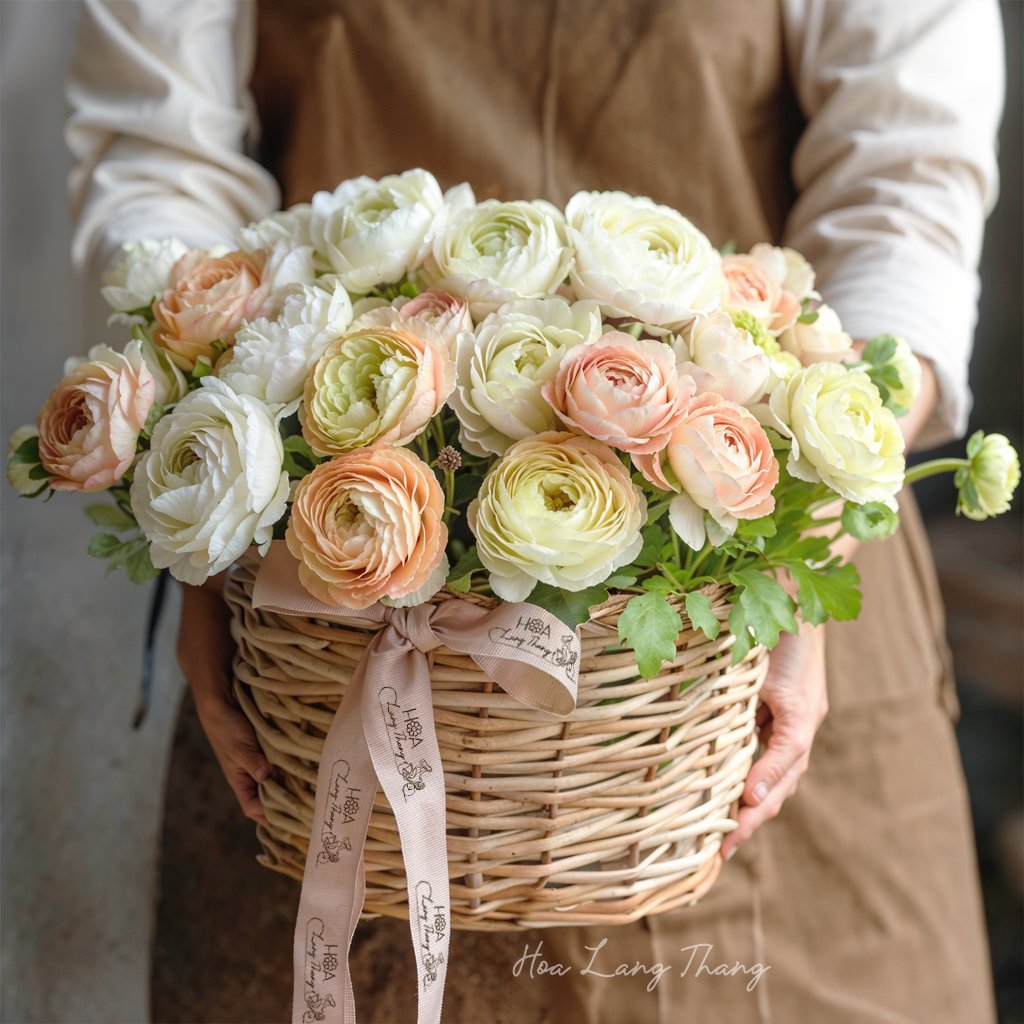 Giỏ hoa với hoa ranunculus pastel đẹp mắt, kiểu cắm nghệ thuật