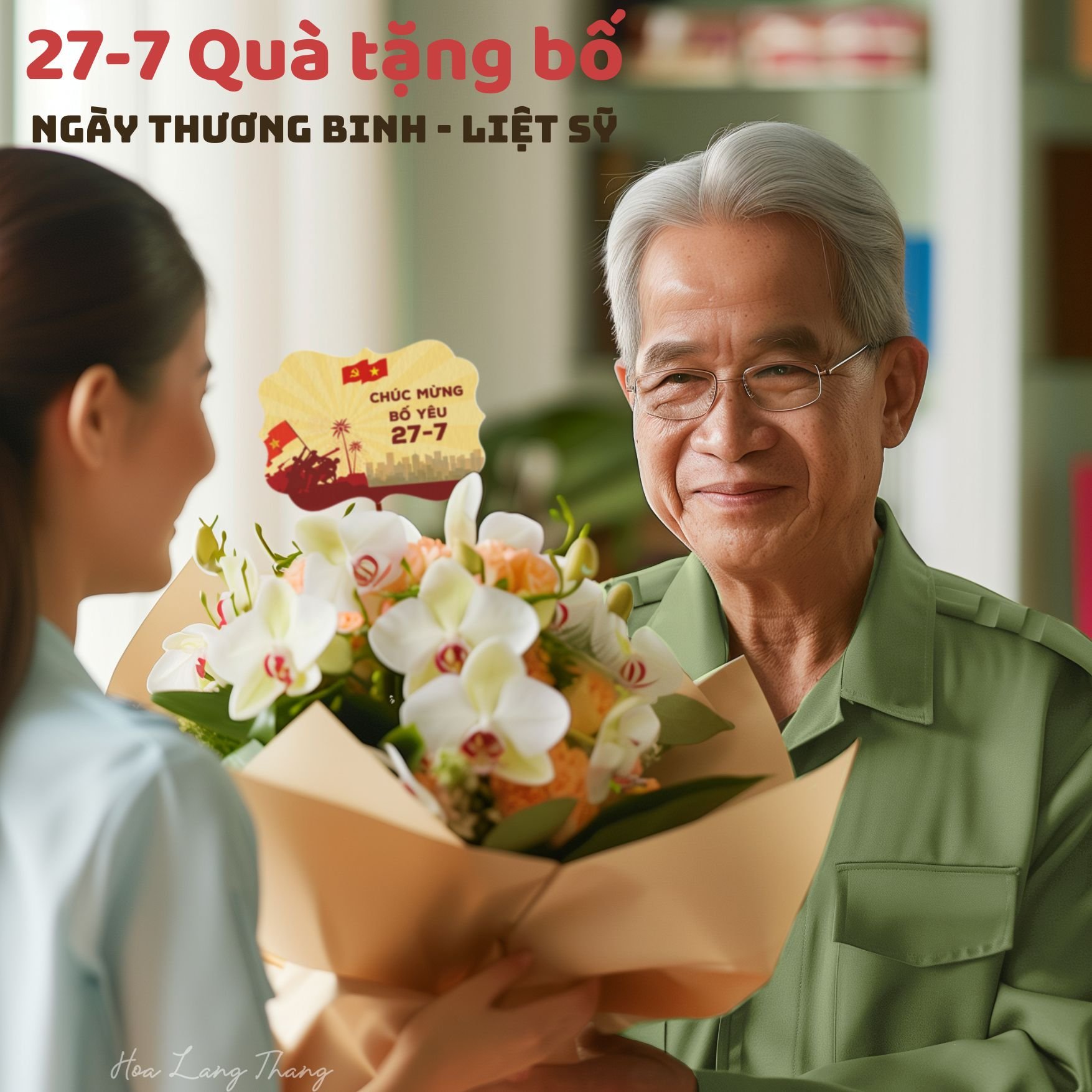 Ông tặng hoa lan hồ điệp cho người phụ nữ, chúc mừng ngày 27-7