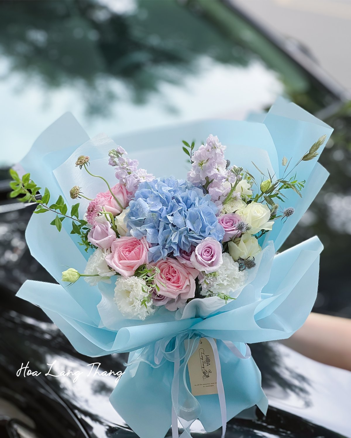 Bó hoa nhiều màu sắc gồm hồng, cẩm tú cầu, thuỷ tiên, kiểu cắm sáng tạo