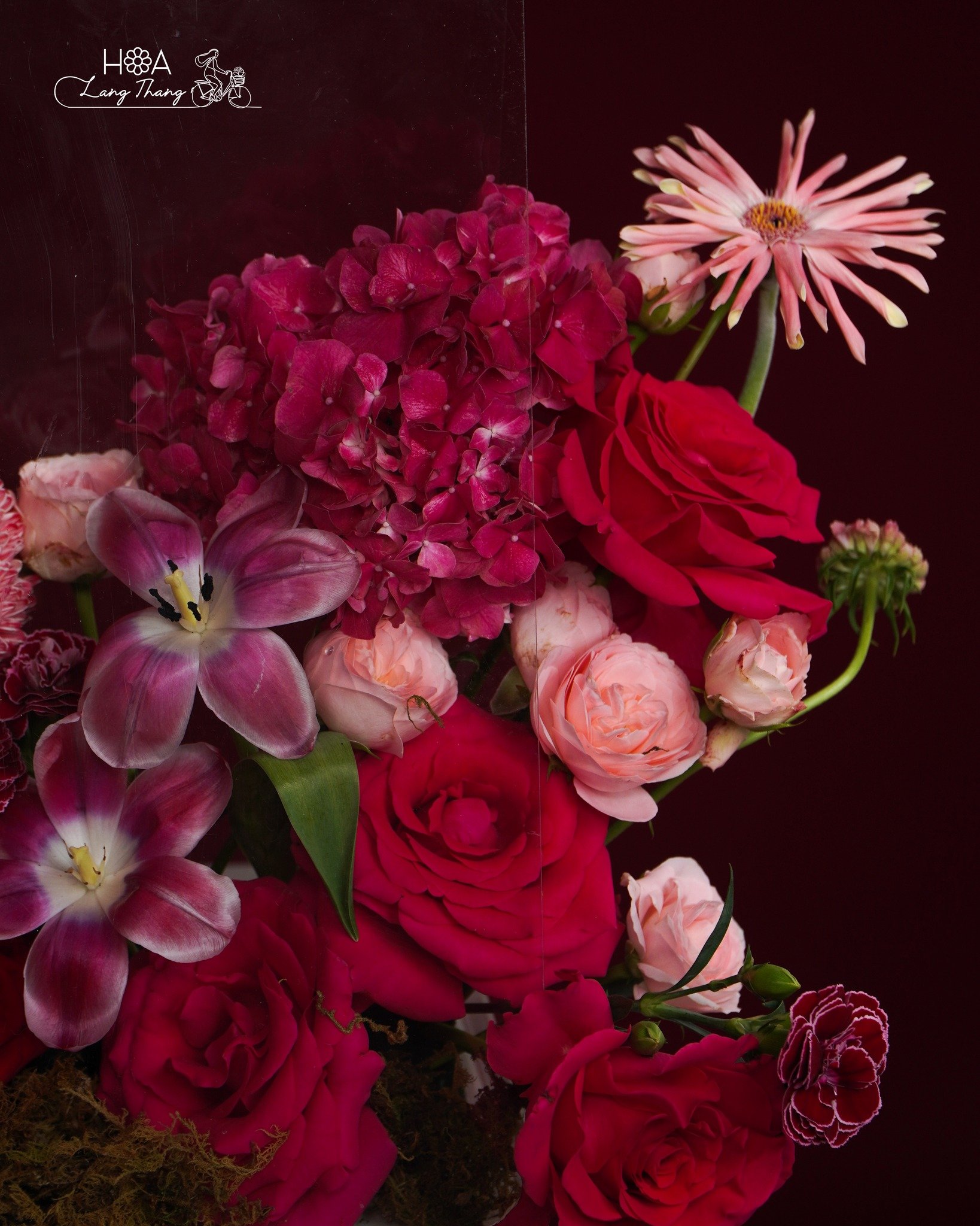 Bó hoa tươi nhiều sắc màu với hồng, tulip và lan, kiểu cắm sang trọng