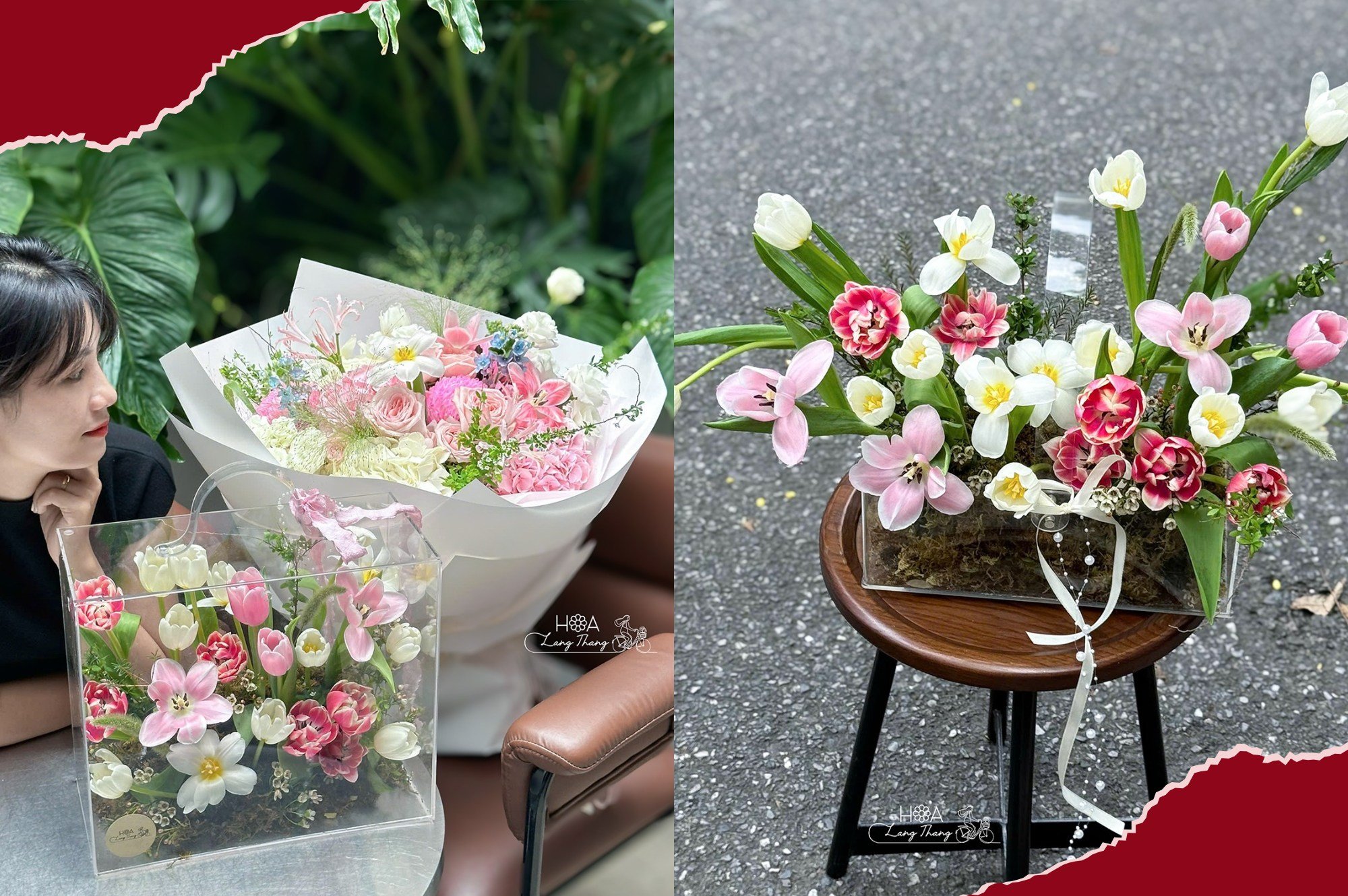 Hai kiểu cắm hoa với tulip, hồng và các loại hoa khác, trang trí đẹp mắt