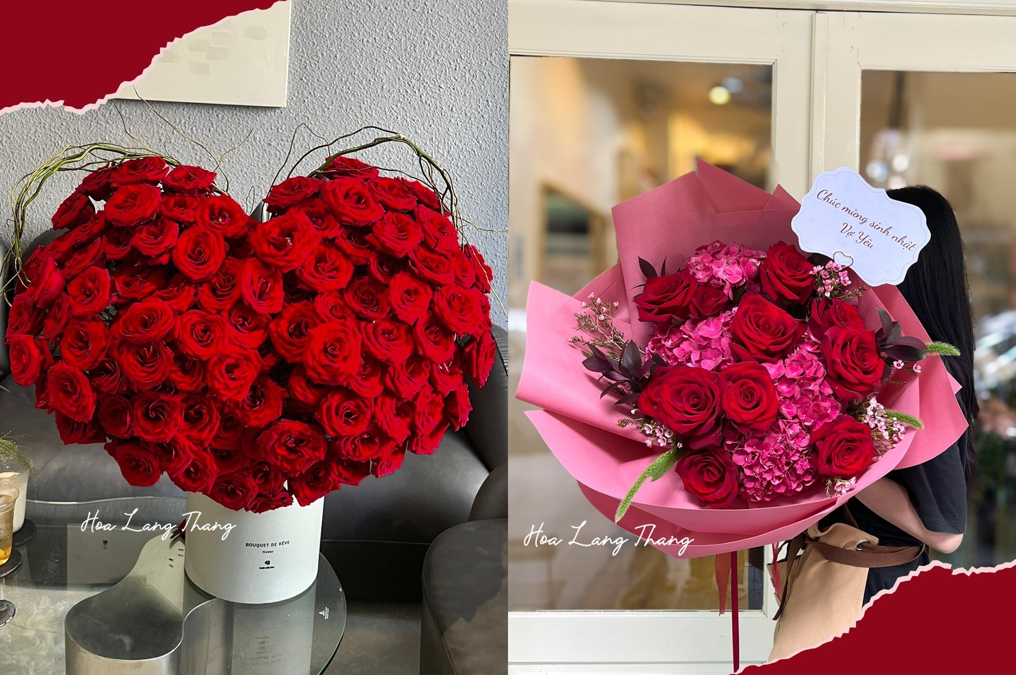 Hoa hồng đỏ cắm thành hình trái tim và bó hoa hồng cùng các loại hoa khác