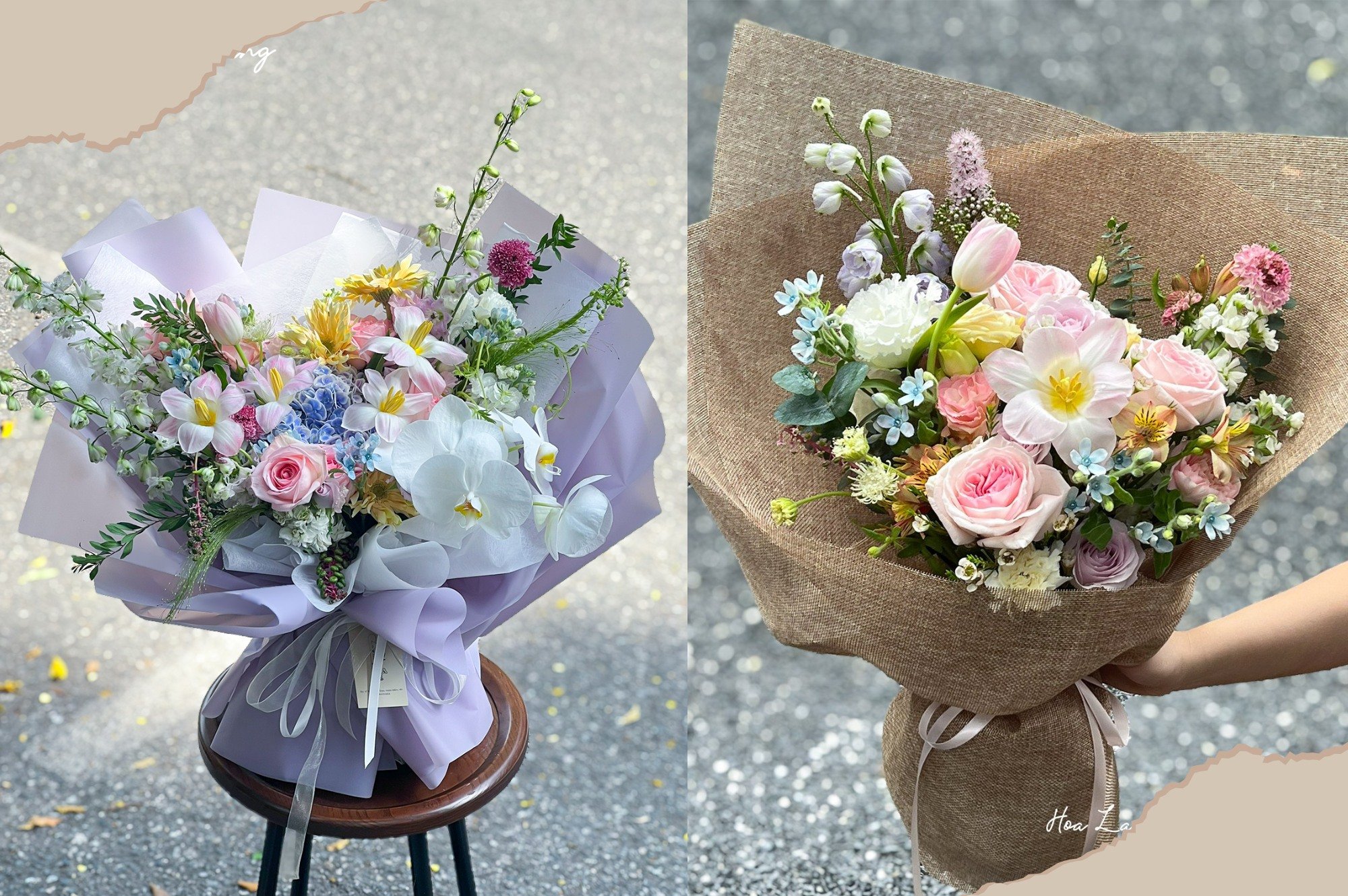 Hoa tươi sắc màu với tulip, hồng và baby, kiểu cắm buộc đẹp mắt