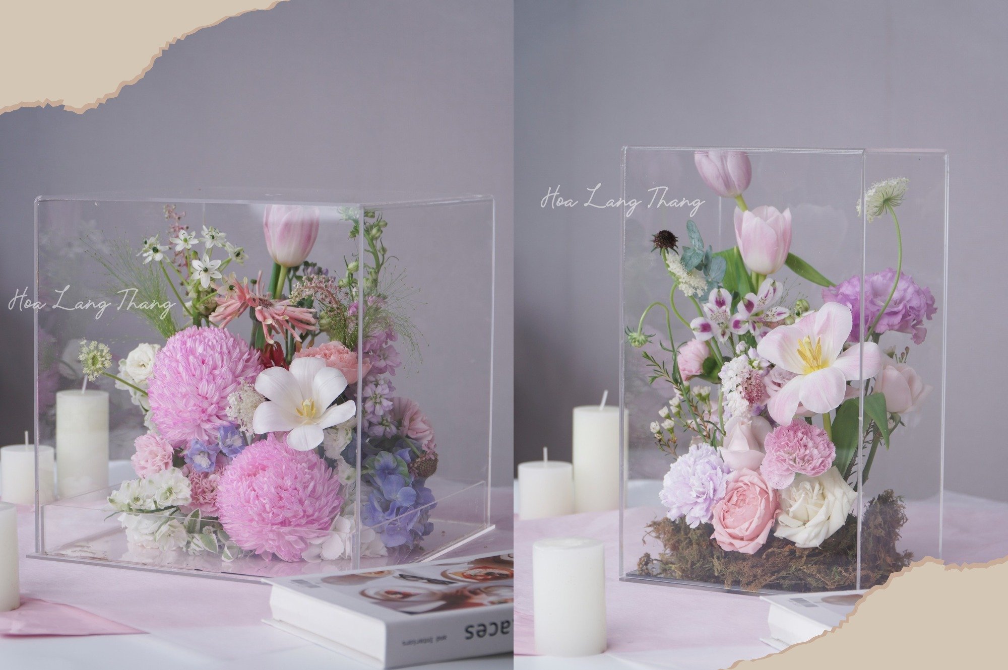 Bình hoa trong suốt đẹp mắt với tulip, hồng và mẫu đơn. Kiểu cắm nghệ thuật