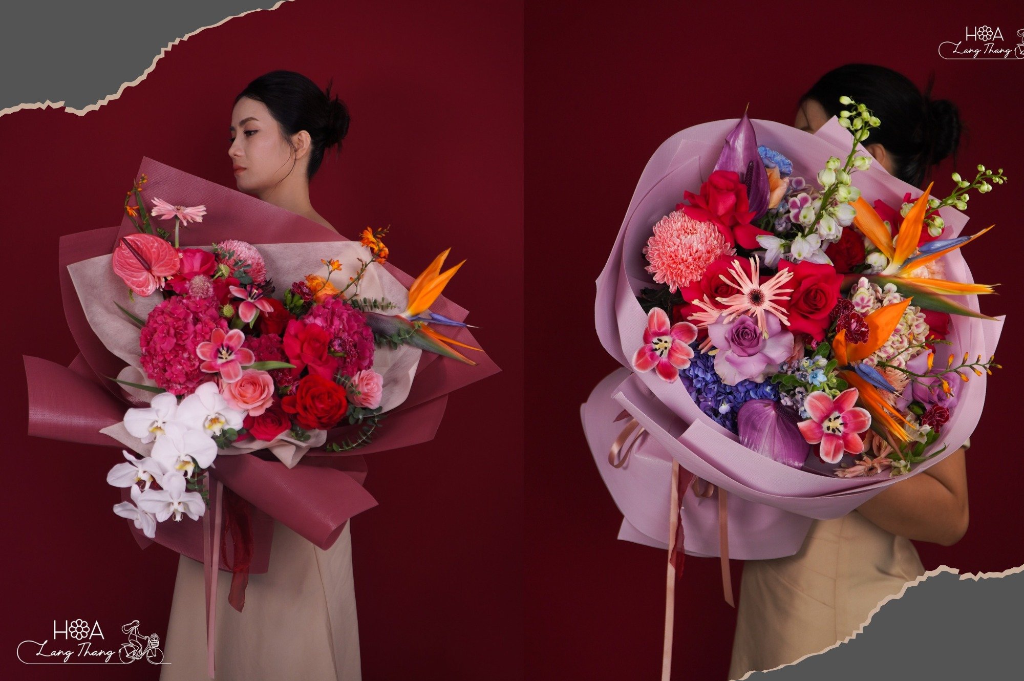 Nữ cầm bó hoa lớn gồm nhiều loại hoa đẹp như hồng, lan hồ điệp và <a href=