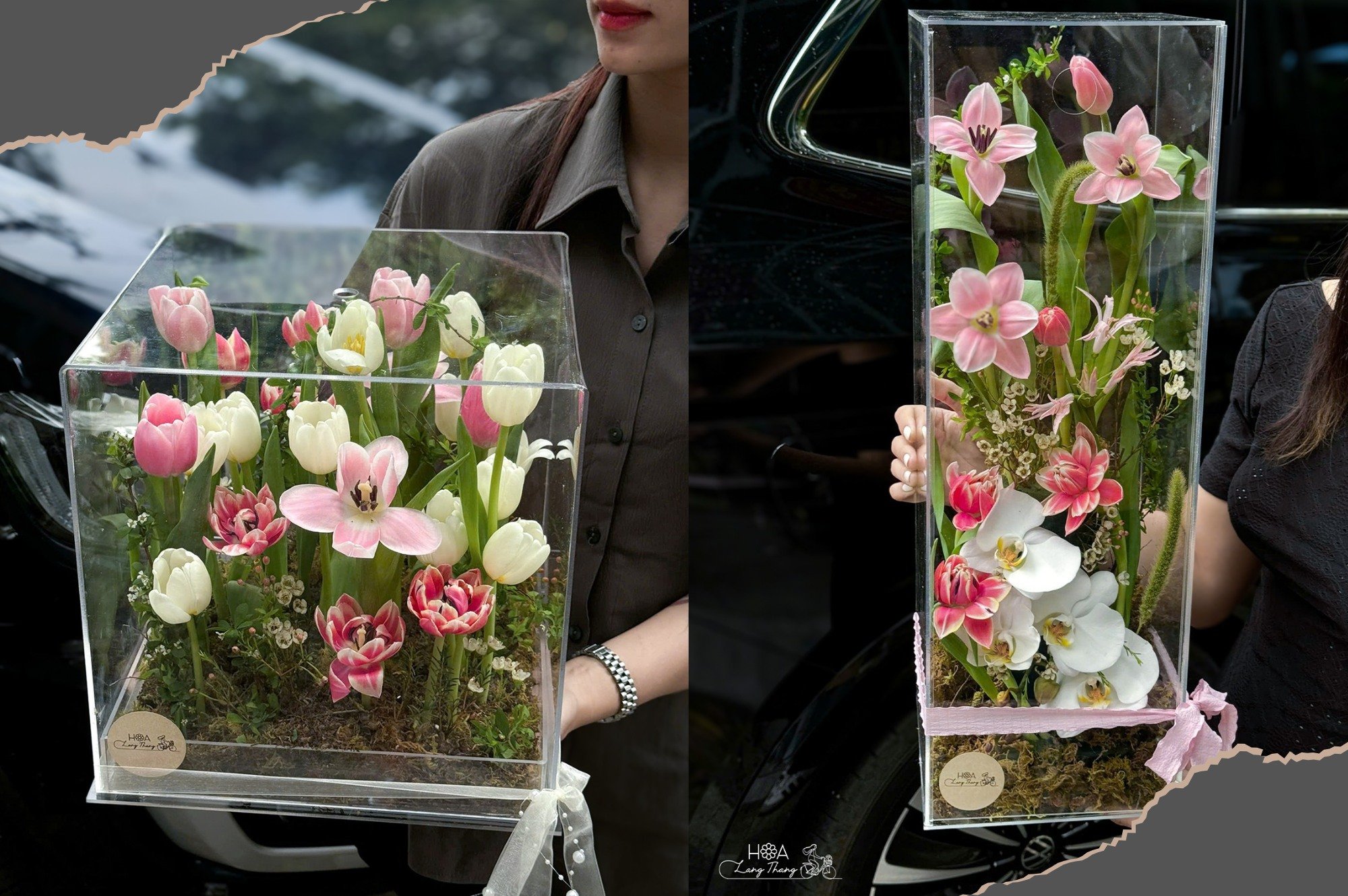 Hai hộp hoa với tulip và ly, kiểu cắm sang trọng