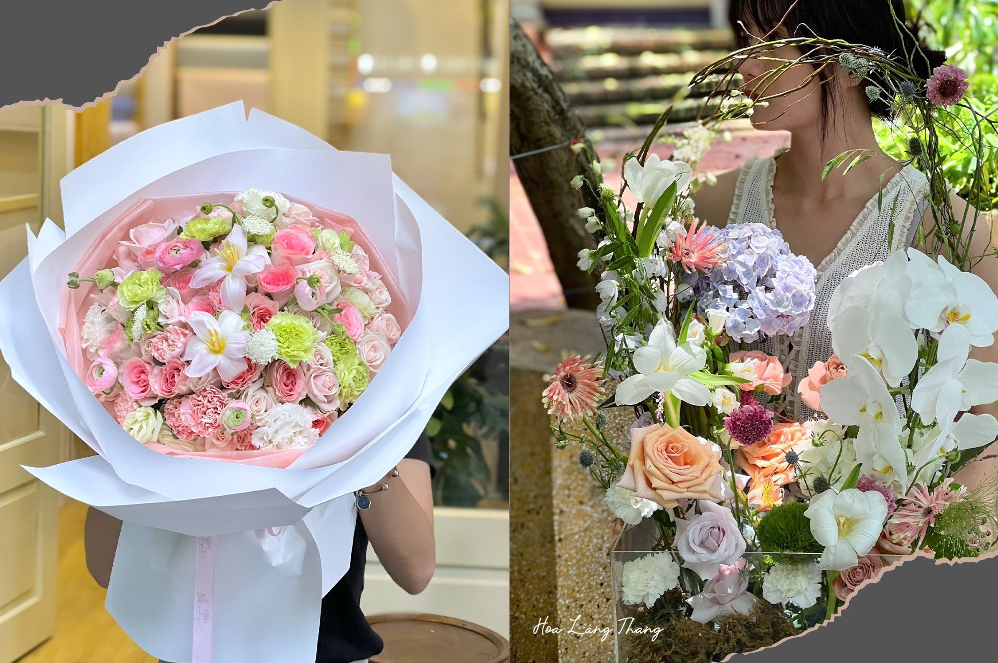 Bouquet lớn với hoa hồng, tulip, và hoa baby, kiểu cắm đẹp mắt
