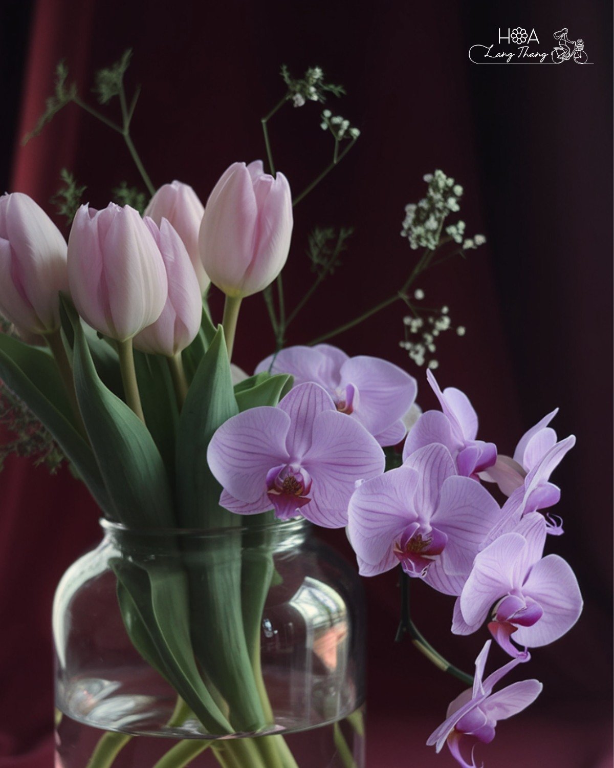 Bình hoa gồm tulip hồng và lan hồ điệp tím, kiểu cắm nghệ thuật