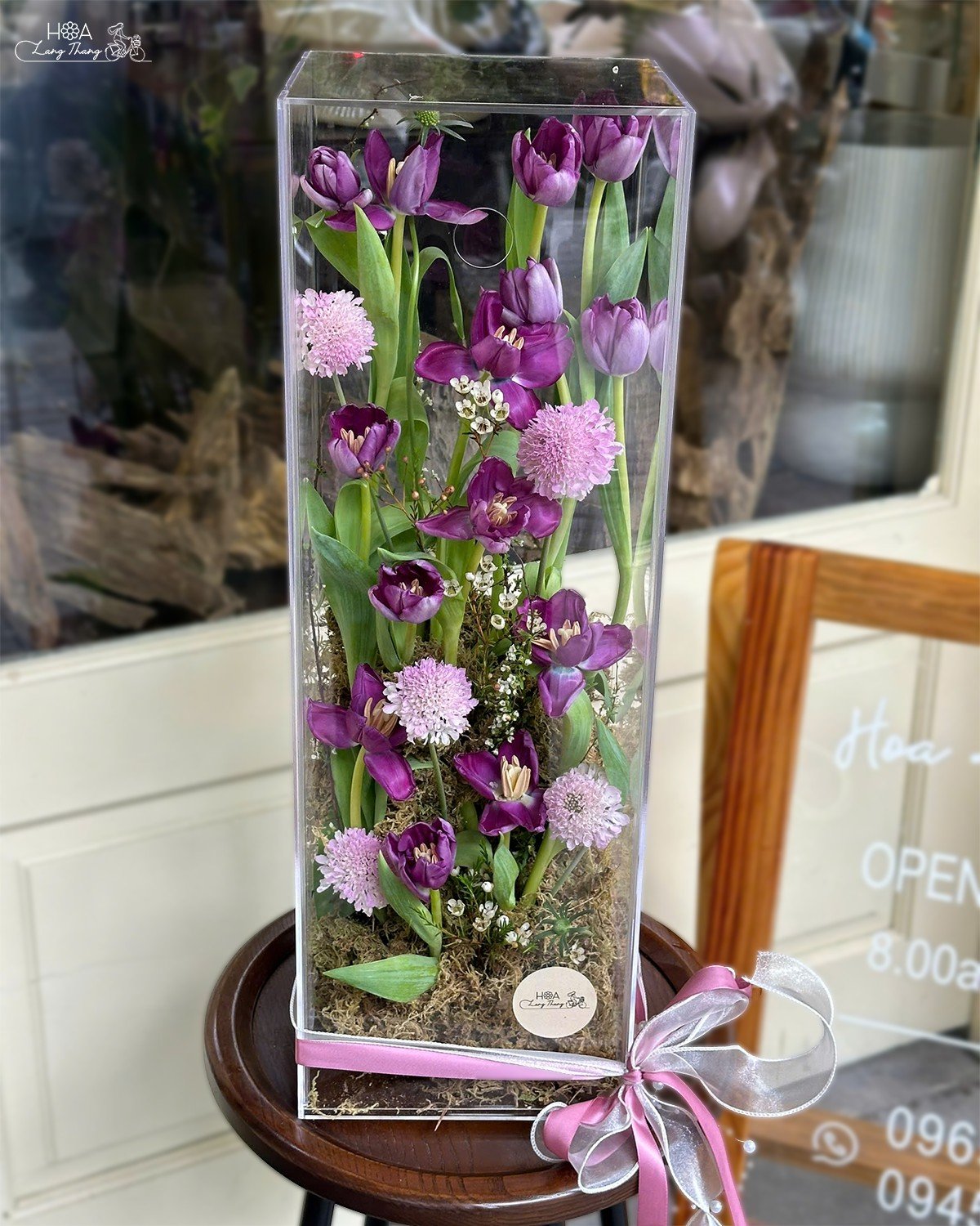 Hộp hoa cắm tulip tím và hoa scabiosa, sang trọng và tinh tế