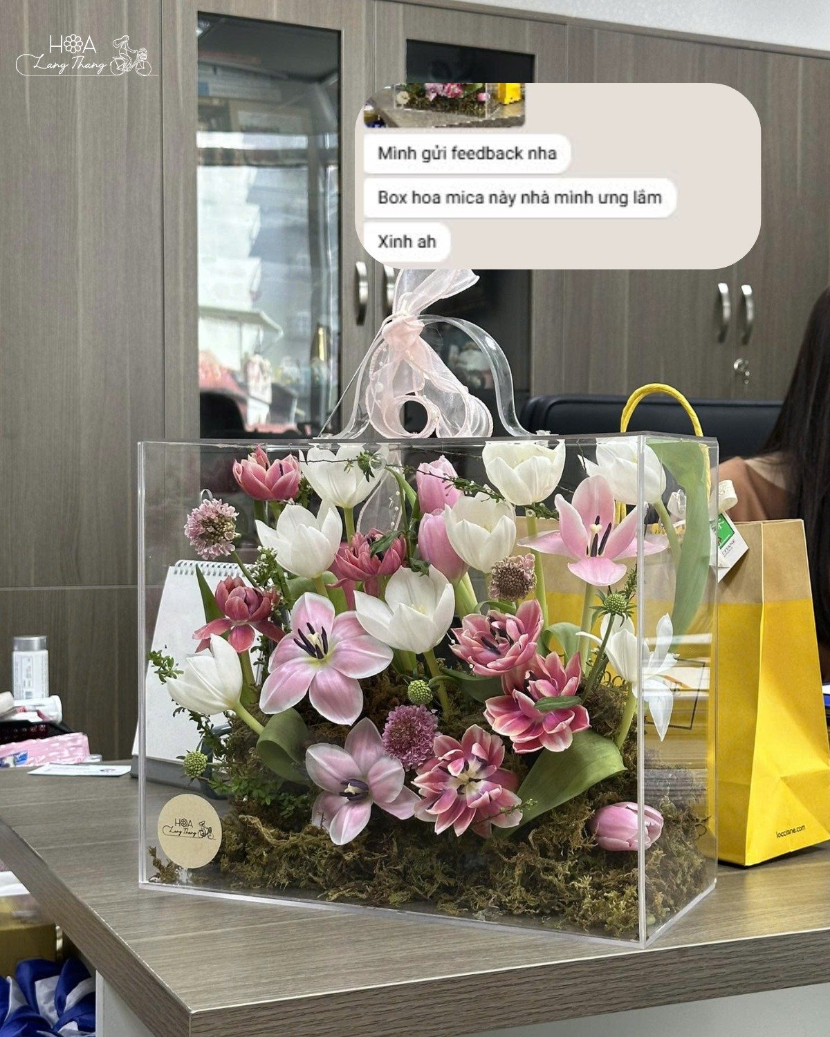 Hộp hoa mica với hoa tulip và hoa hồng cắm đẹp, trang trí tinh tế