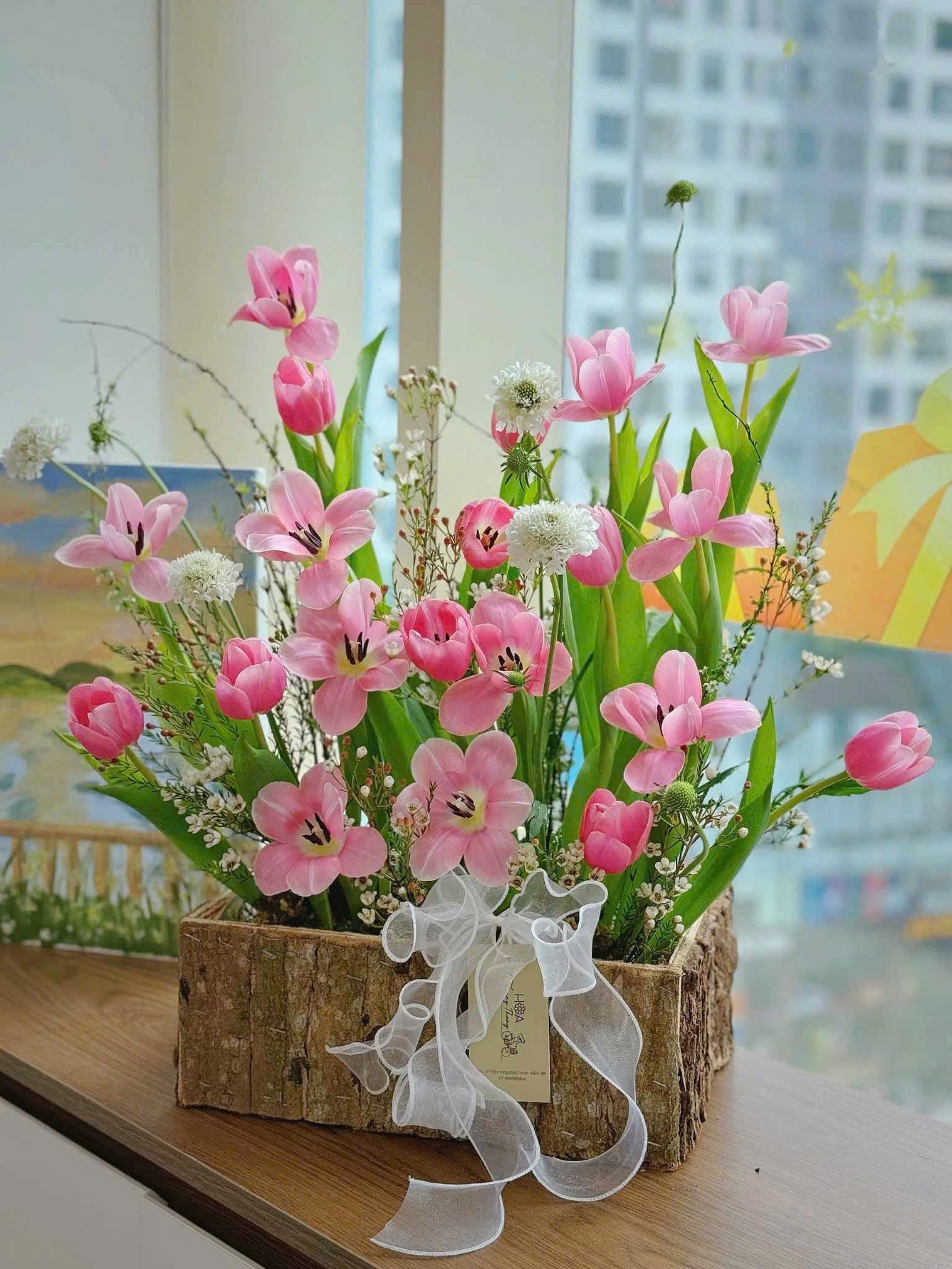 Chậu hoa tulip hồng tươi sáng, kiểu cắm thơ mộng, trang trí nội thất