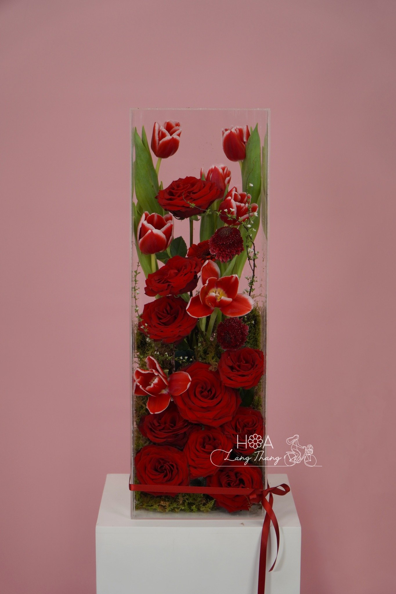 Hộp hoa gồm hoa hồng đỏ và tulip, kiểu cắm sang trọng
