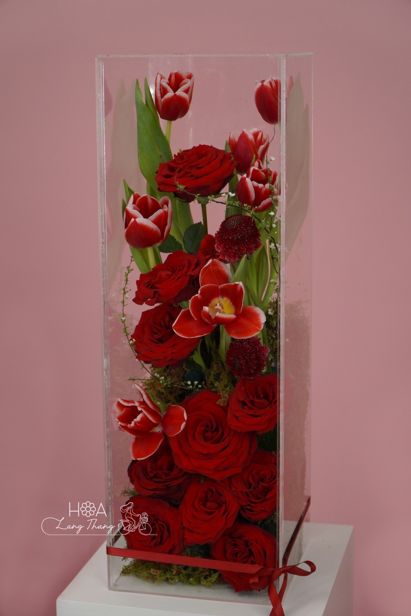 Hộp hoa đẹp từ hoa hồng đỏ và tulip, kiểu cắm sang trọng