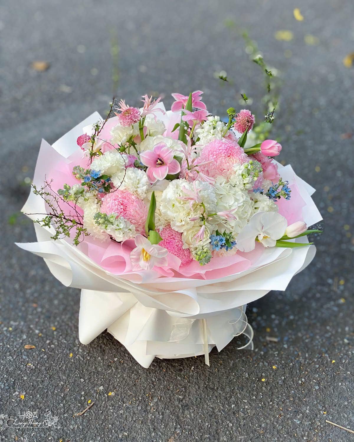 Bó hoa nhiều màu sắc với tulip, hồng, và cúc trên nền giấy trắng hồng