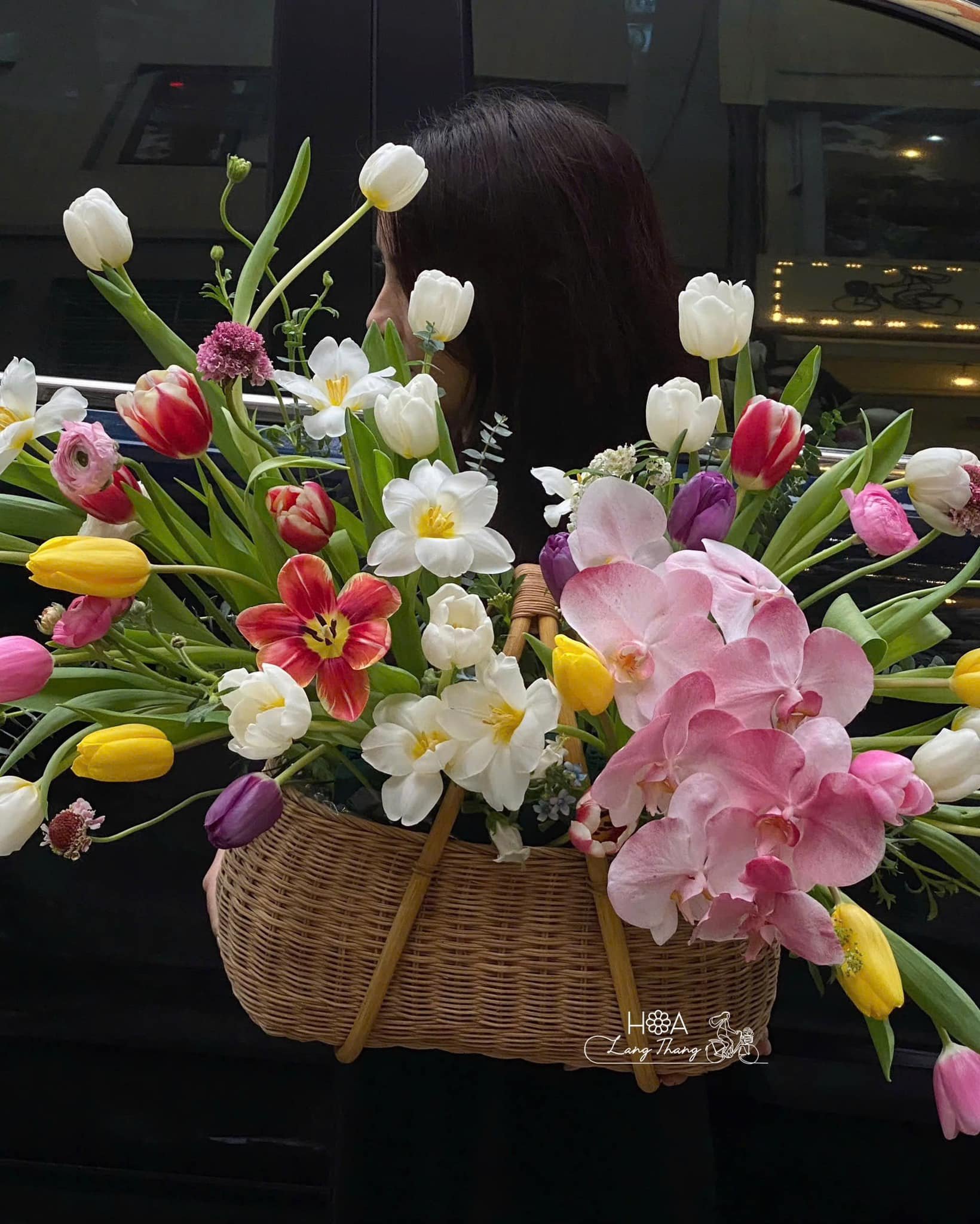Giỏ hoa đa sắc với tulip và lan hồ điệp, trang trí đẹp mắt