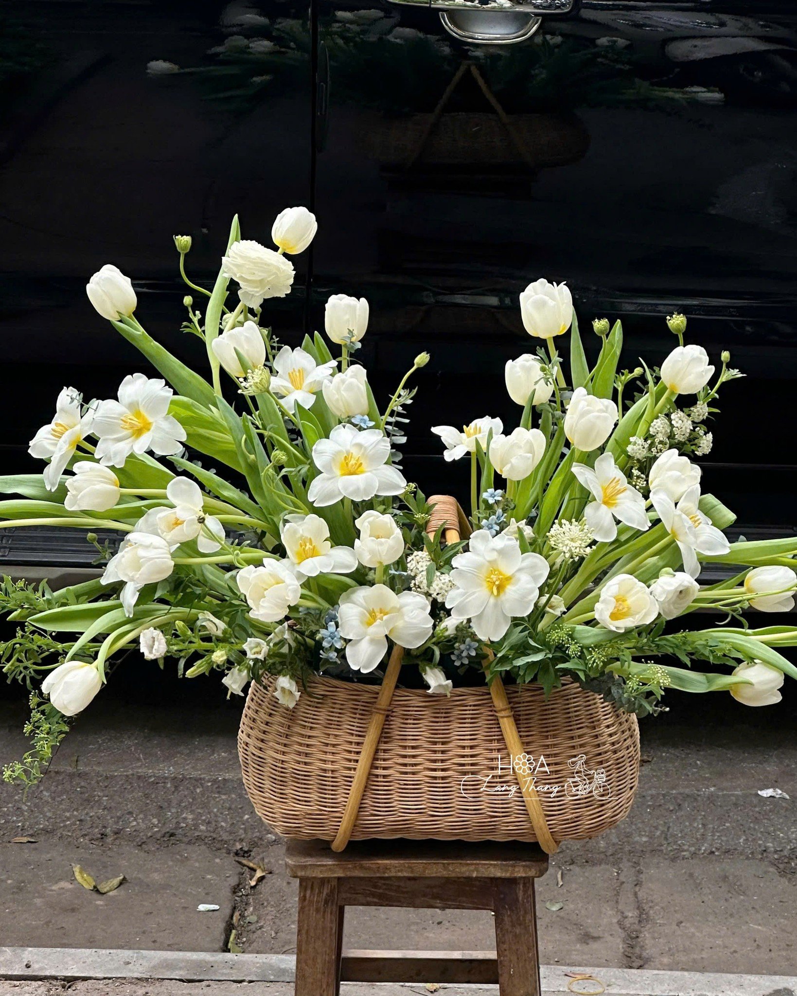 Giỏ hoa trắng với tulip và hoa hồng, kiểu cắm lãng mạn, phù hợp cho nhiều dịp