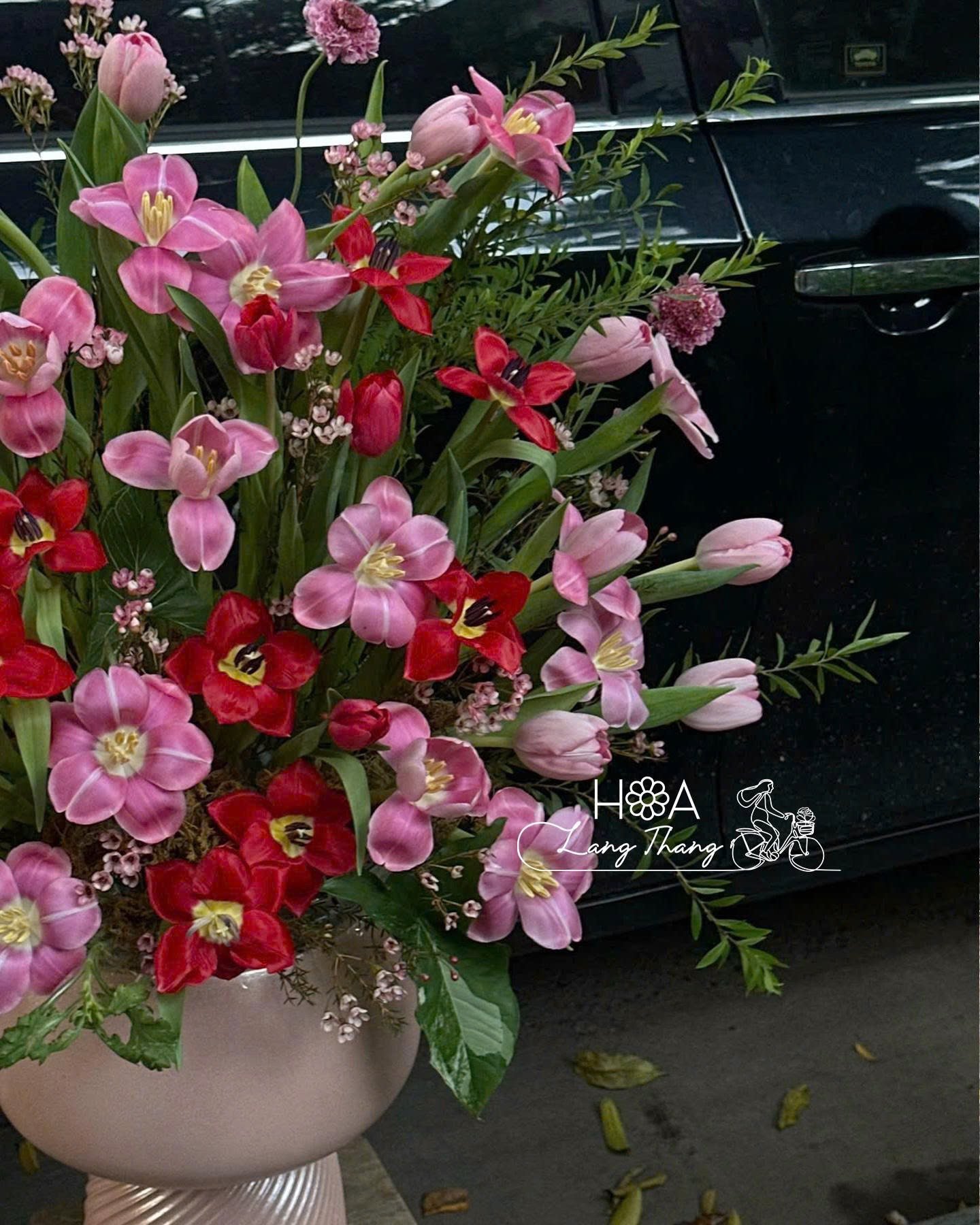 Bình hoa gồm tulip hồng và đỏ, cắm sang trọng, thích hợp cho nhiều dịp