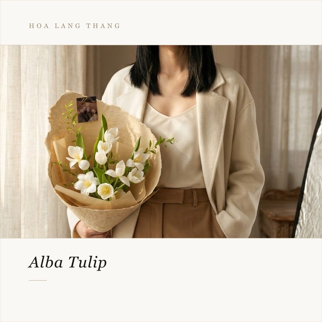 Bó hoa tulip trắng đẹp mắt, kết hợp cùng hoa thuy tiên trong giấy gói tinh tế
