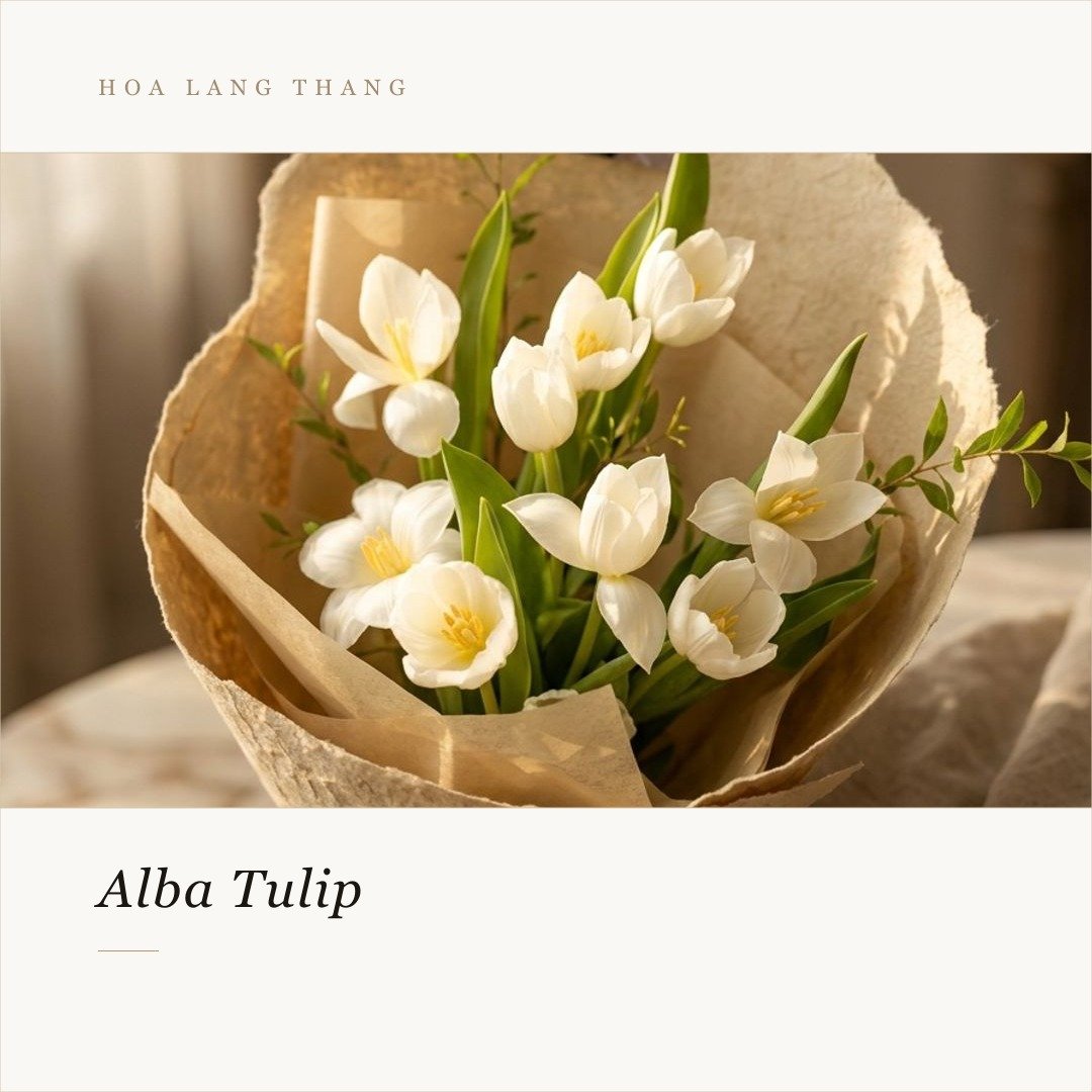 Bó hoa tulip trắng tinh khôi trong giấy gói tự nhiên, đẹp mắt