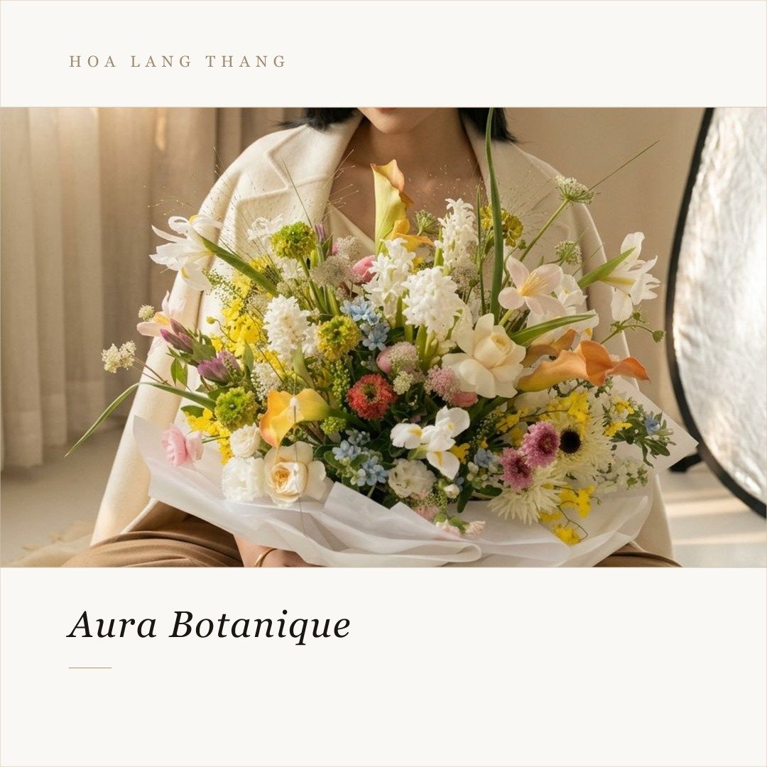 Bình hoa với nhiều loại hoa rực rỡ như tulip, lys và cúc, phong cách tự nhiên