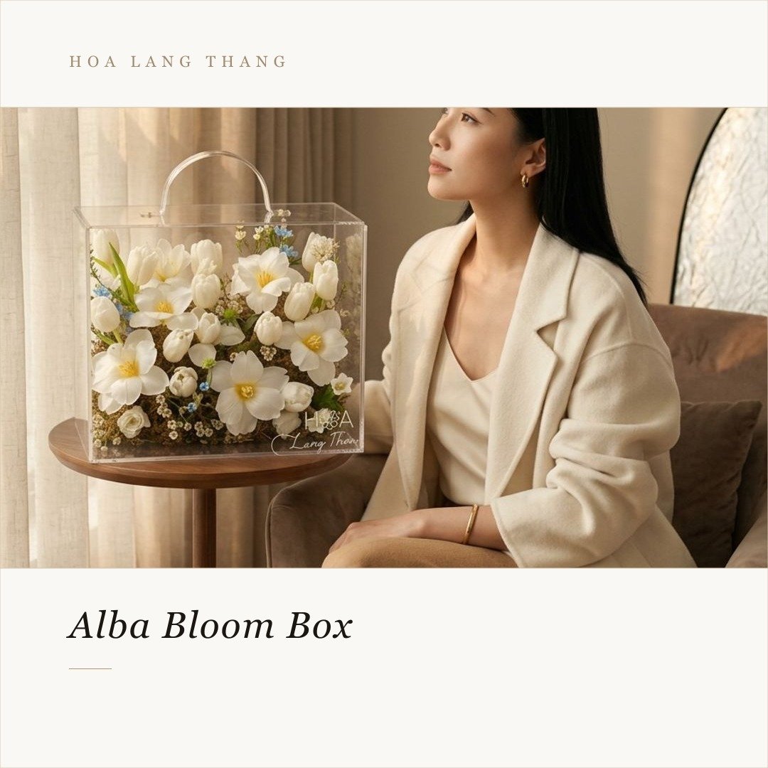Bó hoa tulip trắng trang nhã trong hộp Acrylic, thiết kế hiện đại