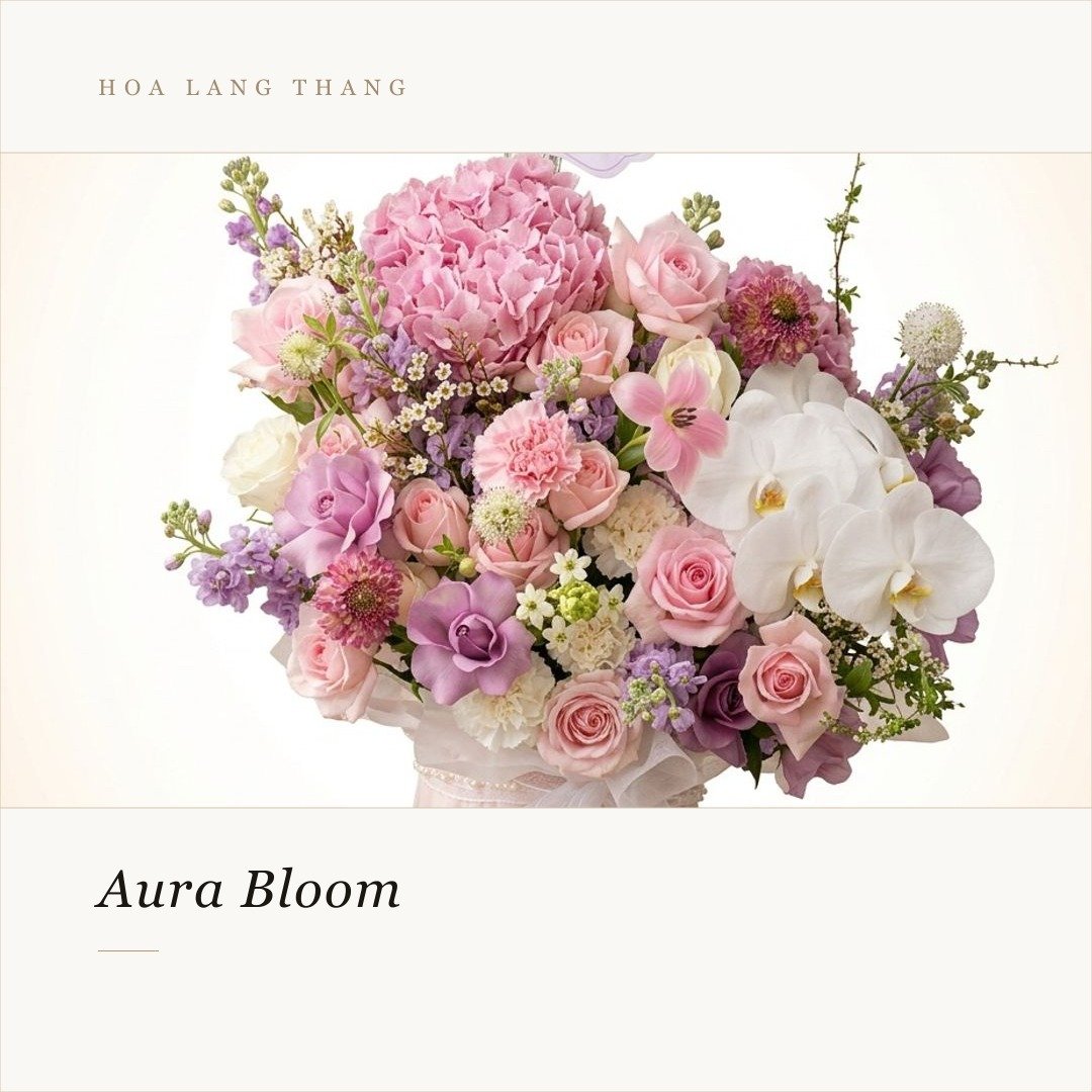 Bó hoa Aura Bloom với hoa hồng, lan hồ điệp và nhiều loại hoa khác, nhẹ nhàng và sang trọng