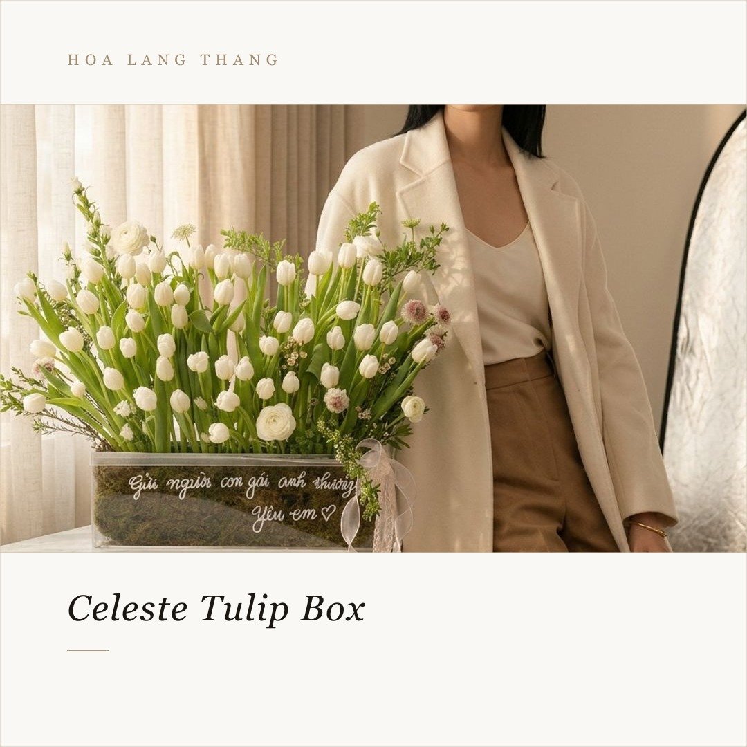 Bình hoa tulip trắng và xanh trong hộp, kiểu cắm trang trí hiện đại