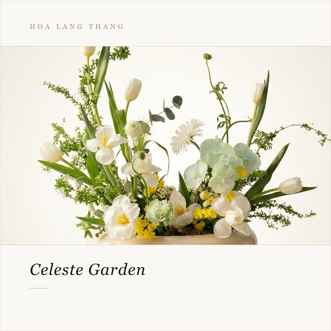 Bình hoa Celeste Garden với tulip, lan hồ điệp và hoa baby, kiểu cắm tinh tế