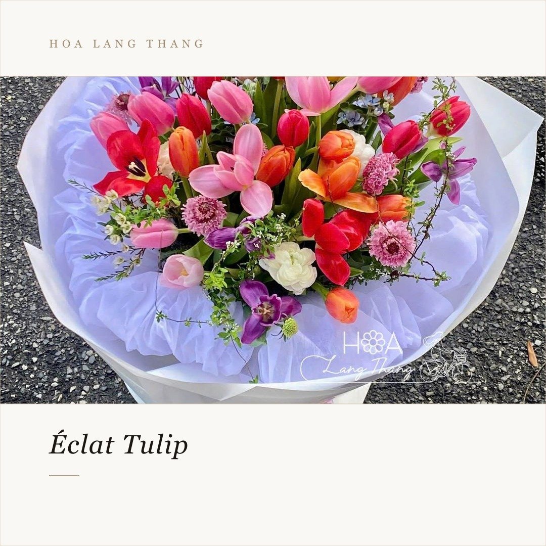 Bó hoa gồm nhiều loại tulip đẹp, kiểu cắm hiện đại, màu sắc tươi sáng