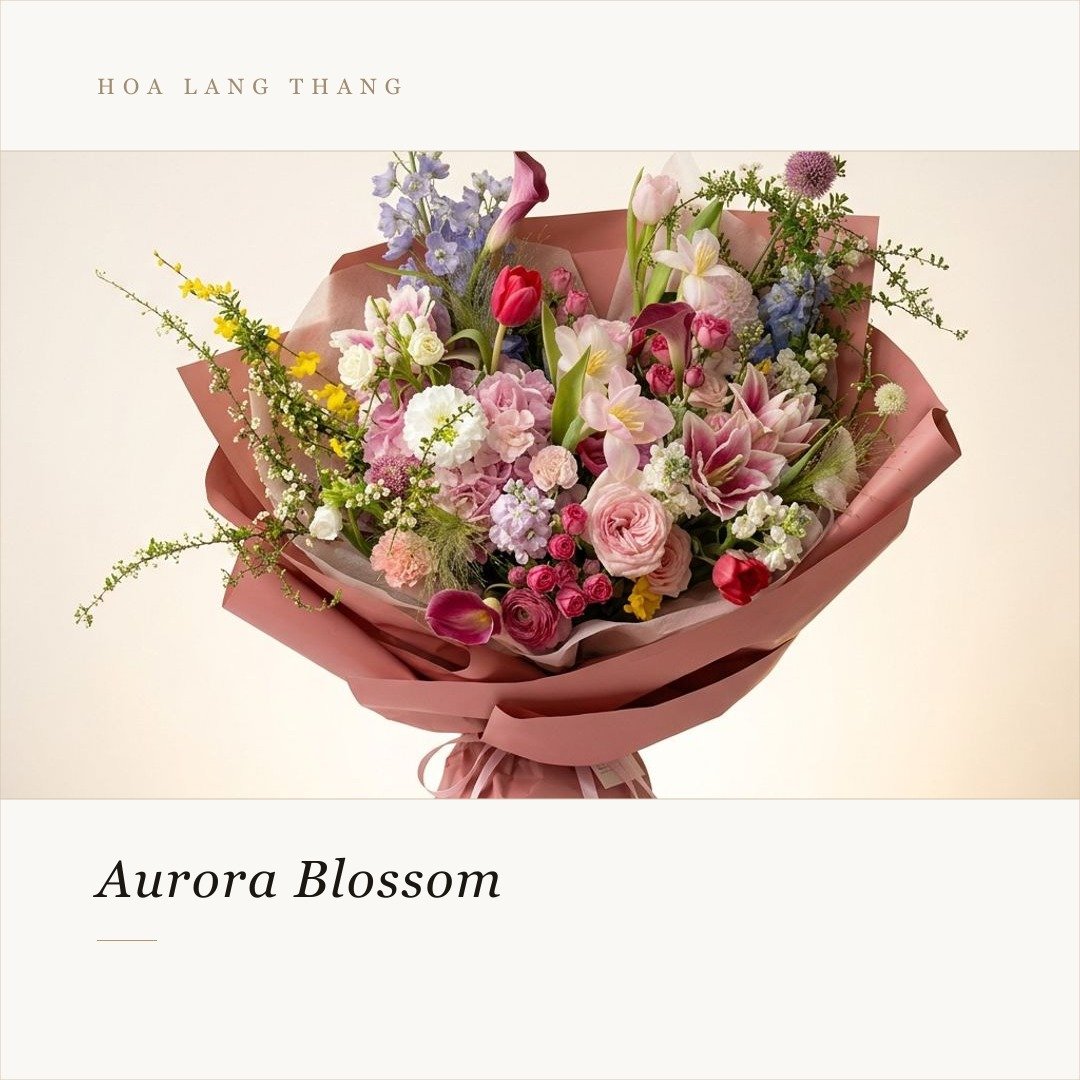 Bó hoa Aurora Blossom rực rỡ với tulip, hồng, mau đơn và nhiều loại hoa khác