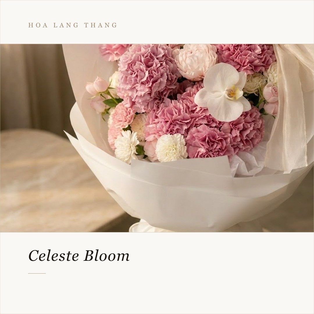 Bó hoa Celeste Bloom gồm hoa hồng, cúc và lan hồ điệp, kiểu bó sang trọng