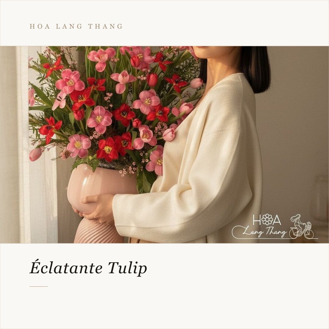 Bình hoa tulip rực rỡ trong không gian ấm áp, kiểu cắm trang nhã