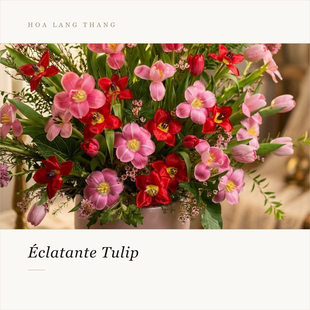 Bouquet hoa tulip và hoa hồng rực rỡ, trang trí bắt mắt